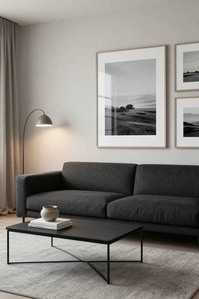 Modern living room with dark gray sofa, black metal coffee table holding books and ceramic vase, curved gray arc floor lamp lit up, light gray rug, sheer curtains, and gallery wall of three black-and-white landscape photos in oak frames on pale wall.