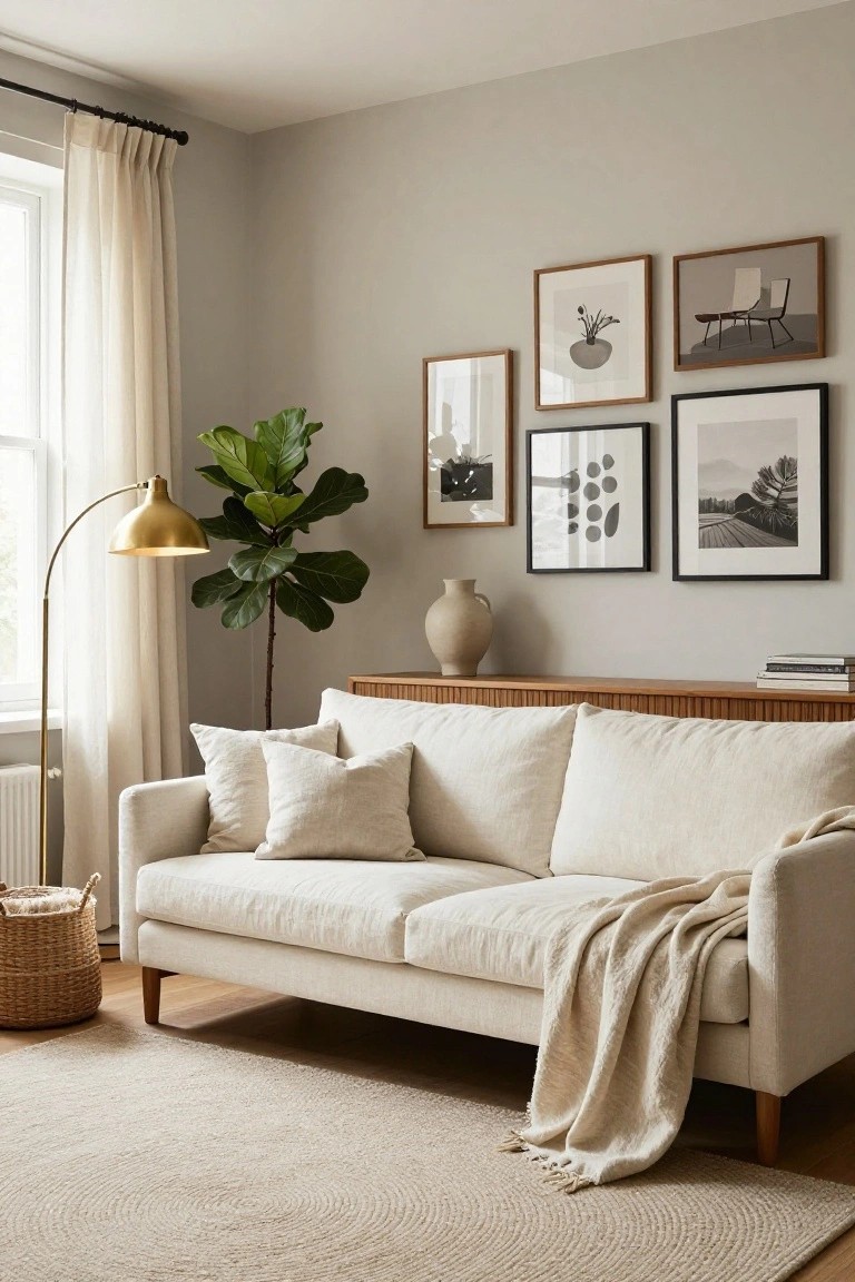 Living room corner featuring a cream fabric sofa on a round beige rug, wooden sideboard with beige vase and stacked books, large potted fiddle leaf fig plant beside a brass arc floor lamp, and a gallery wall of six assorted black and white framed artworks on a light gray wall.