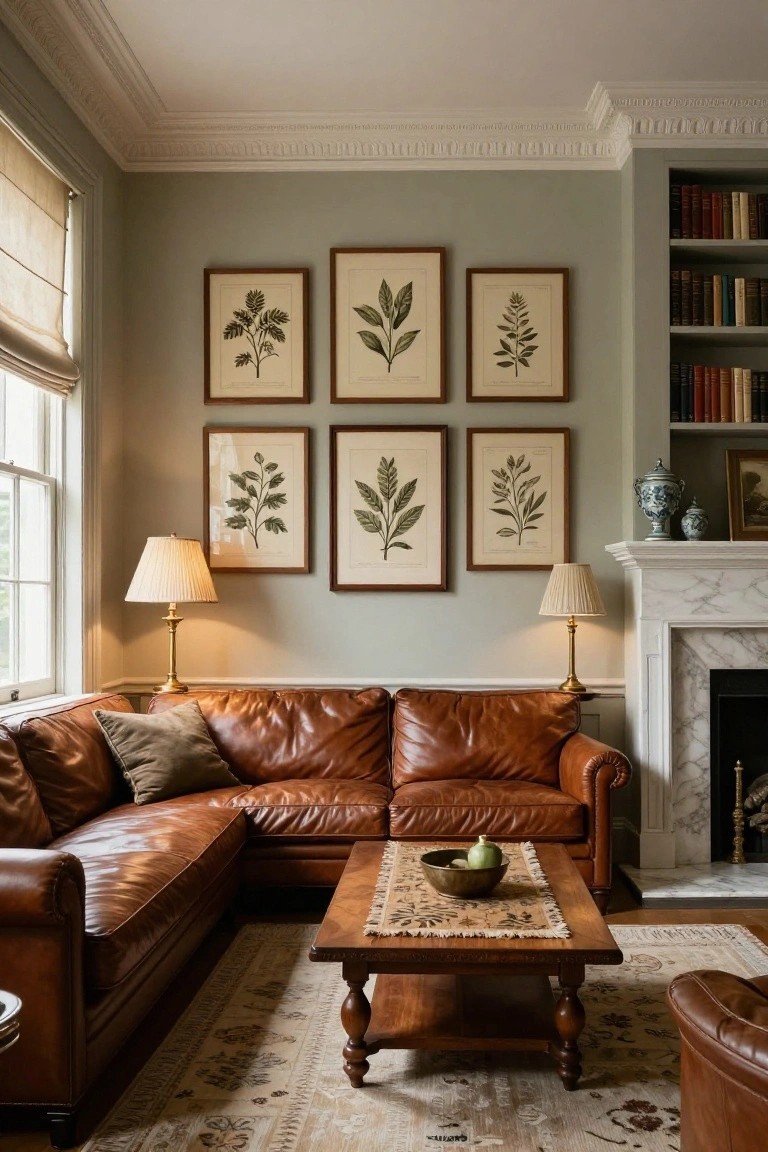 Living room corner with pale green walls, built-in bookshelves, marble fireplace, two brass table lamps, L-shaped brown leather sofa, wooden coffee table holding a metal bowl with green apple, and six rectangular wood-framed botanical prints arranged in two rows of three above the sofa.