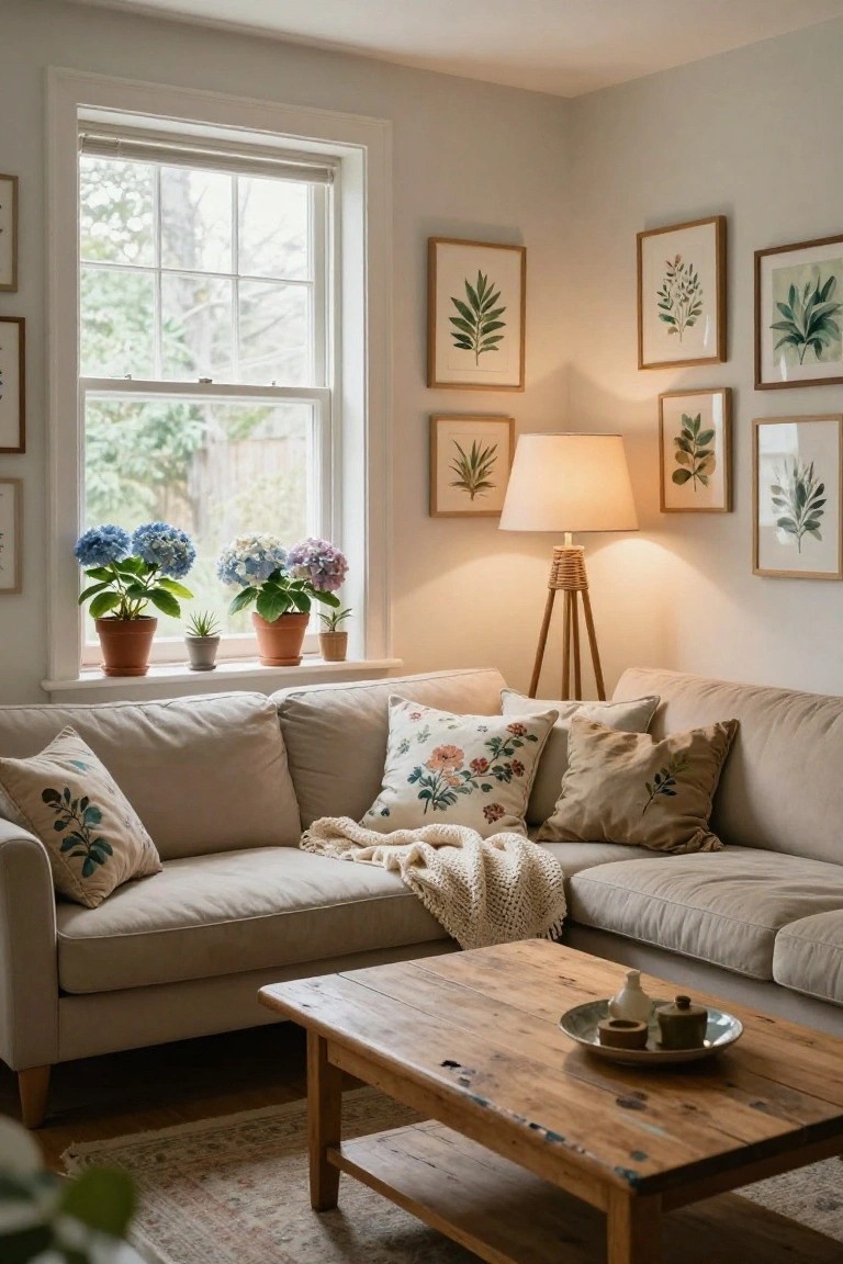 Cozy living room corner with beige sectional sofa, wooden coffee table, potted hydrangeas and succulents on windowsill, floor lamp, and gallery wall of framed botanical leaf prints on cream walls.