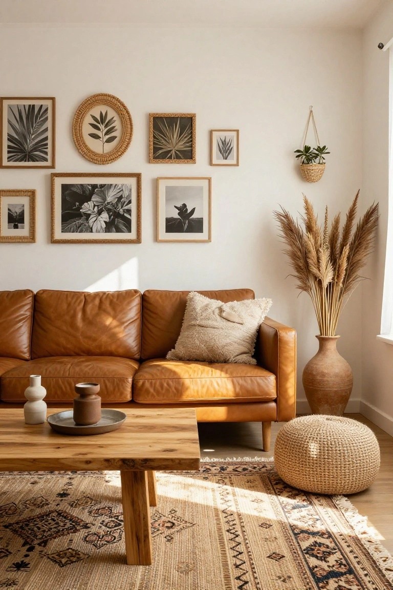 Living room with tan leather sofa, wooden coffee table, woven pouf, tall pampas grass in terracotta vase, hanging plant, and gallery wall of assorted framed botanical prints on white wall.