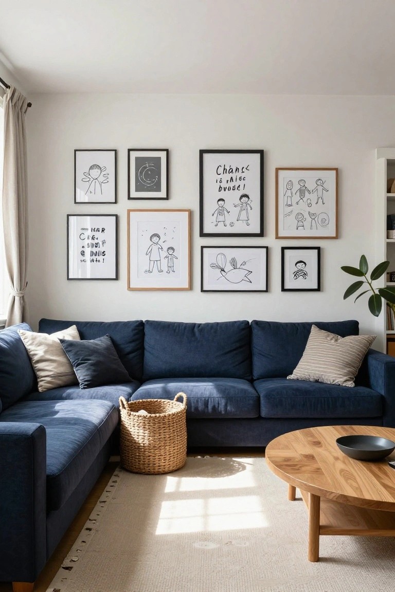 Living room with navy blue L-shaped sofa, assorted framed black-and-white children's drawings and prints on white wall above, wooden coffee table with black bowl, woven basket on floor, beige rug, and sheer curtains on windows.