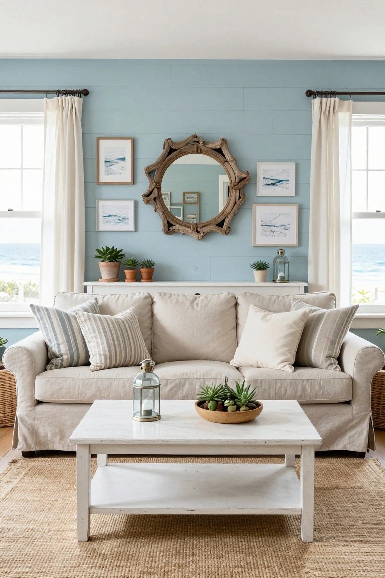 Light blue shiplap-walled living room with a large driftwood mirror gallery wall above a white console table, beige slipcovered sofa, white coffee table with plants, and ocean views through sheer-curtained windows.