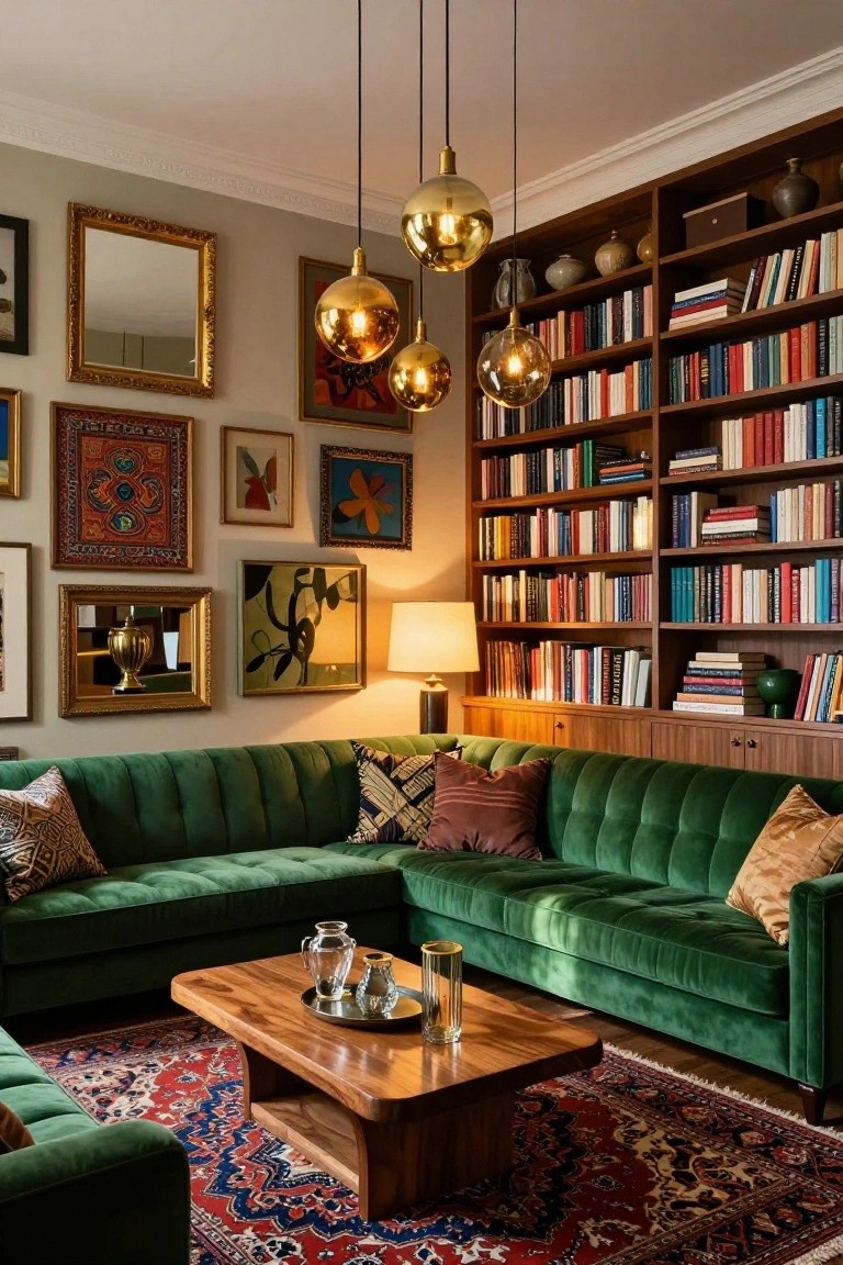 Living room with green velvet L-shaped sofa, wooden bookshelves filled with books and decor, eclectic gallery wall of colorful abstract paintings and gold-framed mirrors, gold pendant lights, wooden coffee table, and red patterned rug.