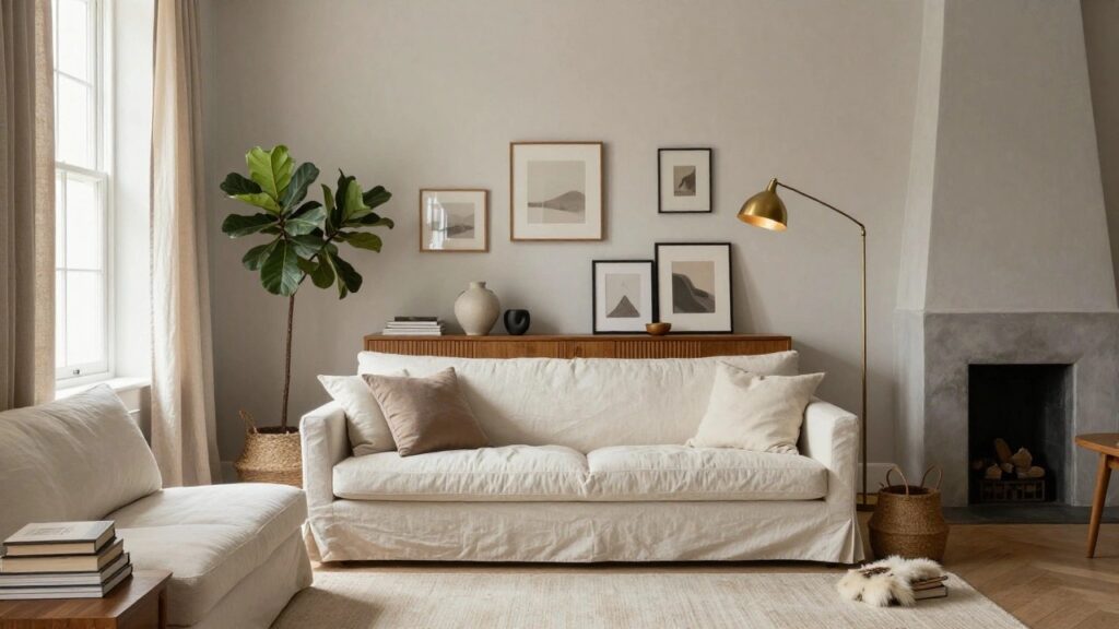 18 Cozy Gallery Wall Living Room Ideas That Add Personality Living room corner featuring a cream fabric sofa on a round beige rug, wooden sideboard with beige vase and stacked books, large potted fiddle leaf fig plant beside a brass arc floor lamp, and a gallery wall of six assorted black and white framed artworks on a light gray wall.