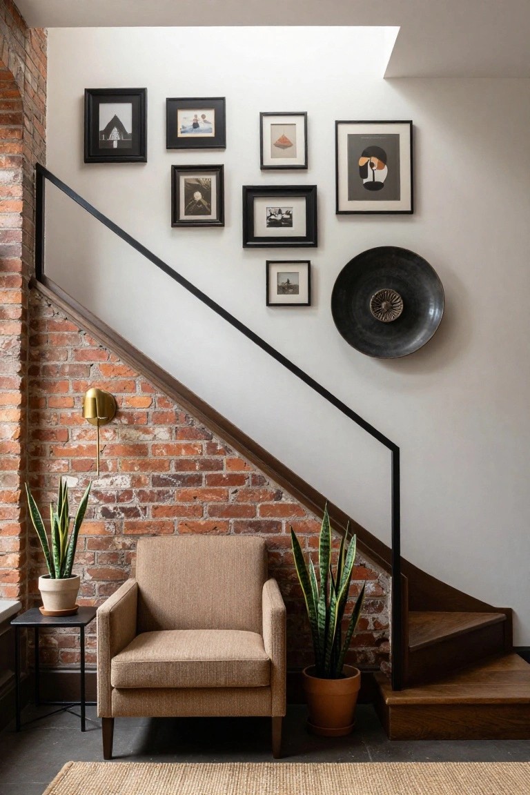 Beige armchair with side table beside two potted snake plants at the base of wooden stairs with black metal railing against exposed brick wall displaying assorted framed artwork and a large black plate.