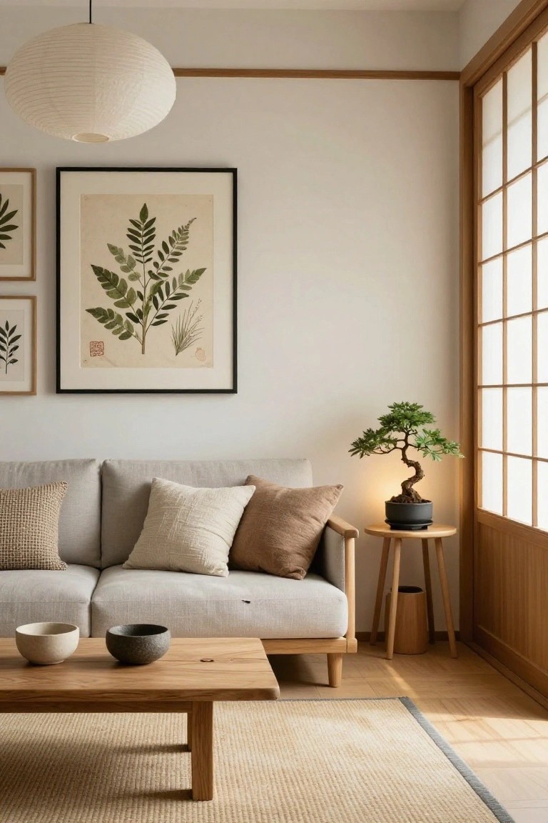 Minimalist living room with light gray sofa, wooden coffee table holding two ceramic bowls, bonsai tree on wooden side table, paper lantern ceiling light, and three black-framed botanical prints on white wall next to shoji screen window.