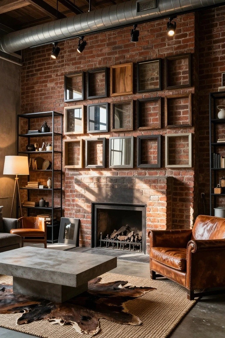 Living room interior with exposed brick walls, a lit fireplace, gallery wall of assorted empty frames and mirrors, black metal shelving units with ceramics and books, tan leather armchair, gray sofa, concrete coffee table, and mixed rugs on a concrete floor.