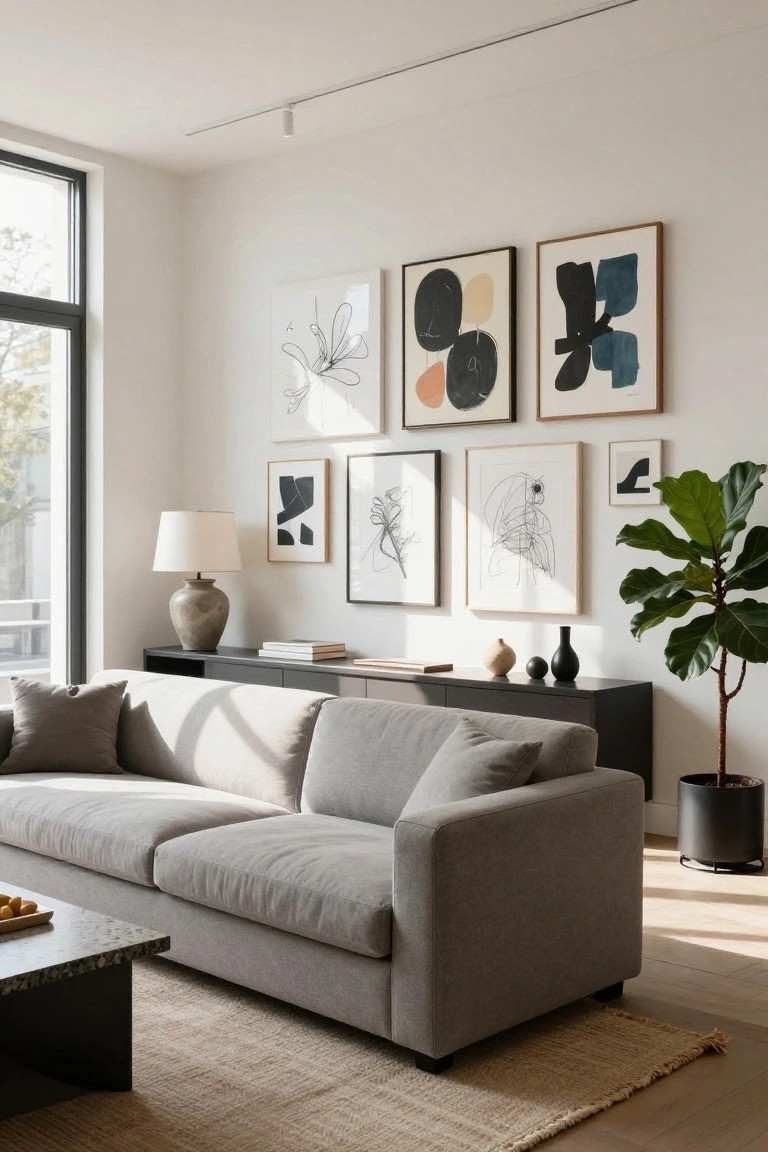 Living room with light gray sofa, black credenza topped with books and vases, gallery wall of abstract black line drawings in mixed frames, fiddle leaf fig plant in black pot, terrazzo coffee table, seagrass rug, and large window.