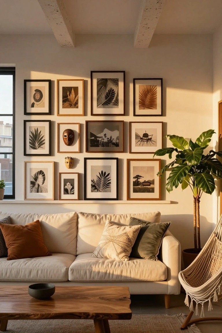 Cozy living room featuring a white sofa, framed artworks, wooden coffee table, and plants.