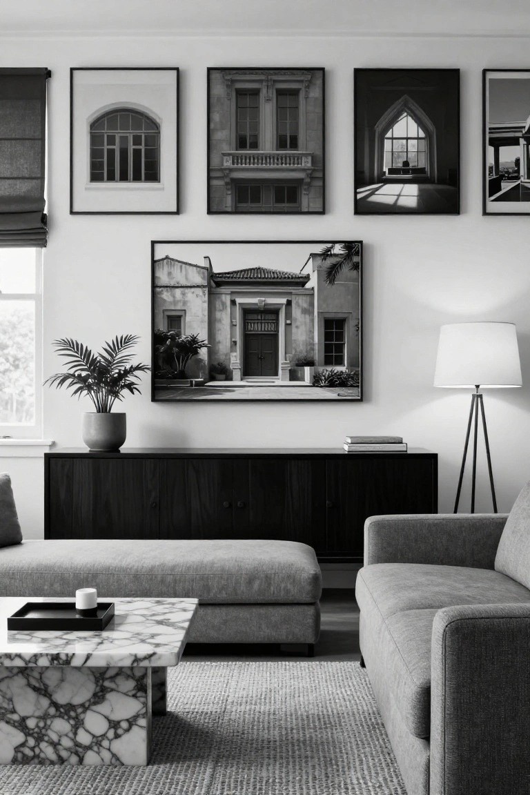 Black-and-white photograph of a living room with a gallery wall of framed architectural images including arched windows, building facades, and interiors, gray sofas, marble coffee table, potted palm plant, wood credenza, and tripod floor lamp.