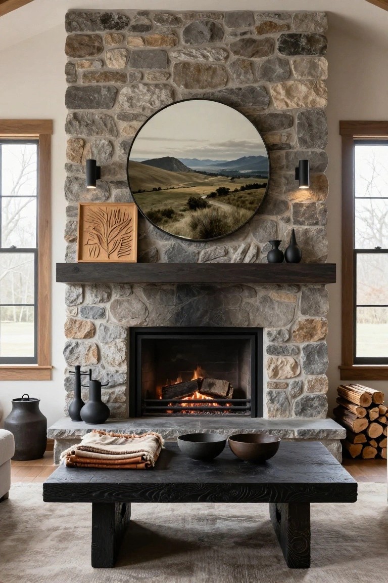Living room with tall stacked stone fireplace, large round mirror with landscape painting above the mantel, square wooden leaf carving on mantel, black sconces and pottery, dark wood coffee table with textiles and bowls in front, wood-beamed ceiling and windows on sides.