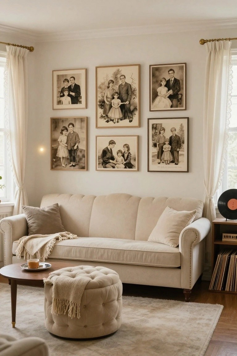 Living room corner with cream sofa, throw pillows and blanket, wooden coffee table with teacup, tufted pouf ottoman, record player stand with vinyl records stacked beside it, and a gallery wall of framed sepia-toned vintage family portraits above the sofa, sheer curtains on two windows.