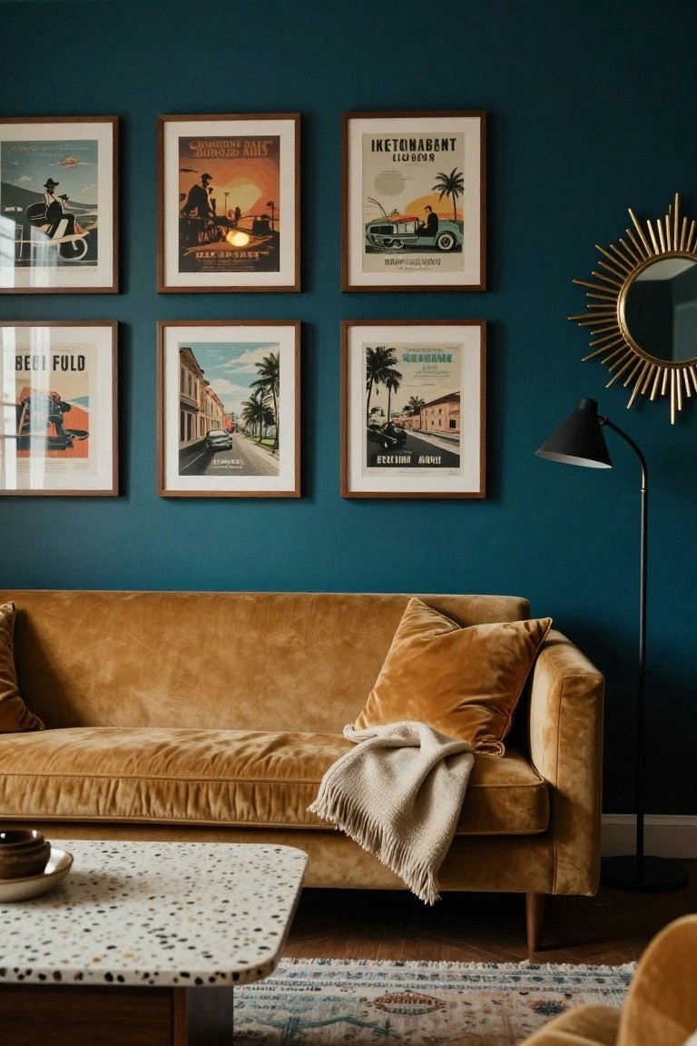 Teal living room featuring a mustard velvet sofa, a gallery wall of six framed vintage posters above it, a gold sunburst mirror, black floor lamp, and terrazzo coffee table on a patterned rug.