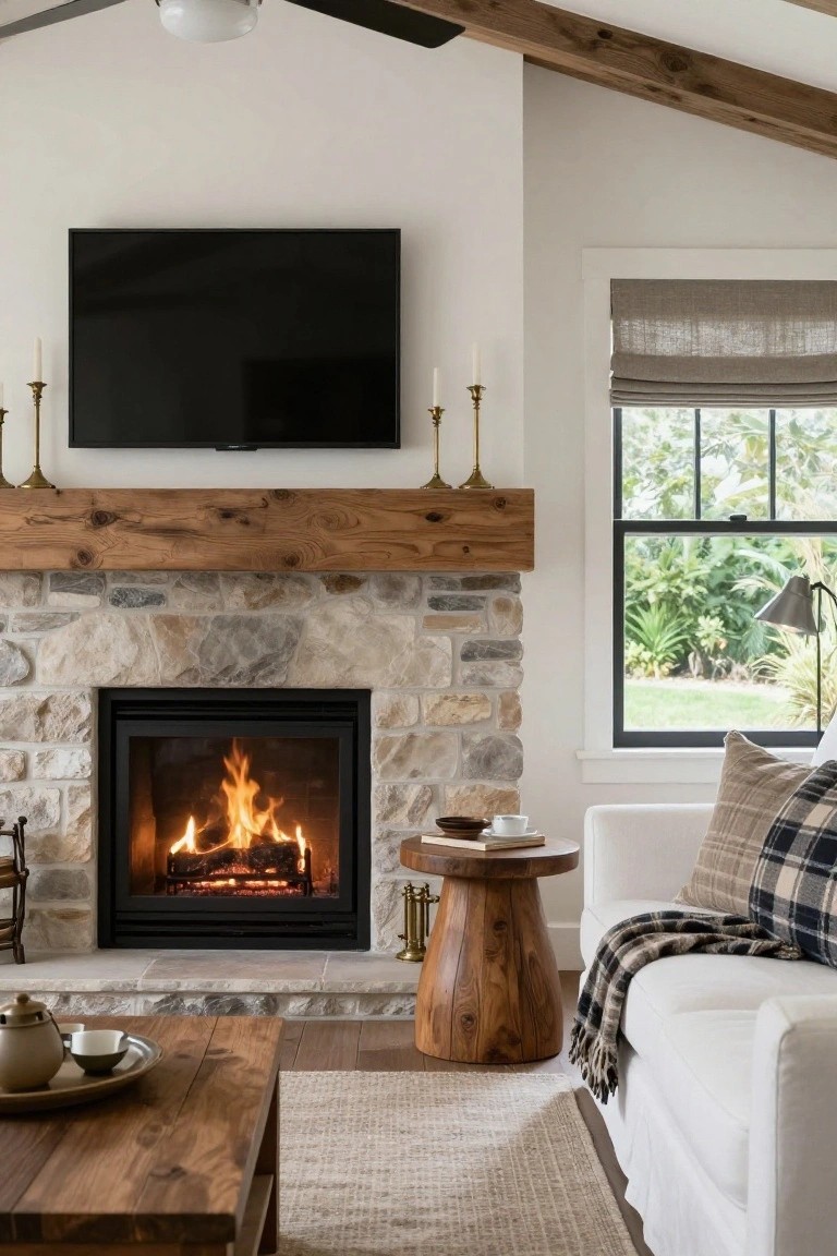 Living room with gray stone fireplace, thick wood mantel, mounted black TV above flanked by gold candlesticks, white sofa with plaid pillows and throw, wood coffee table, side table with book and cup, and window showing greenery outside.