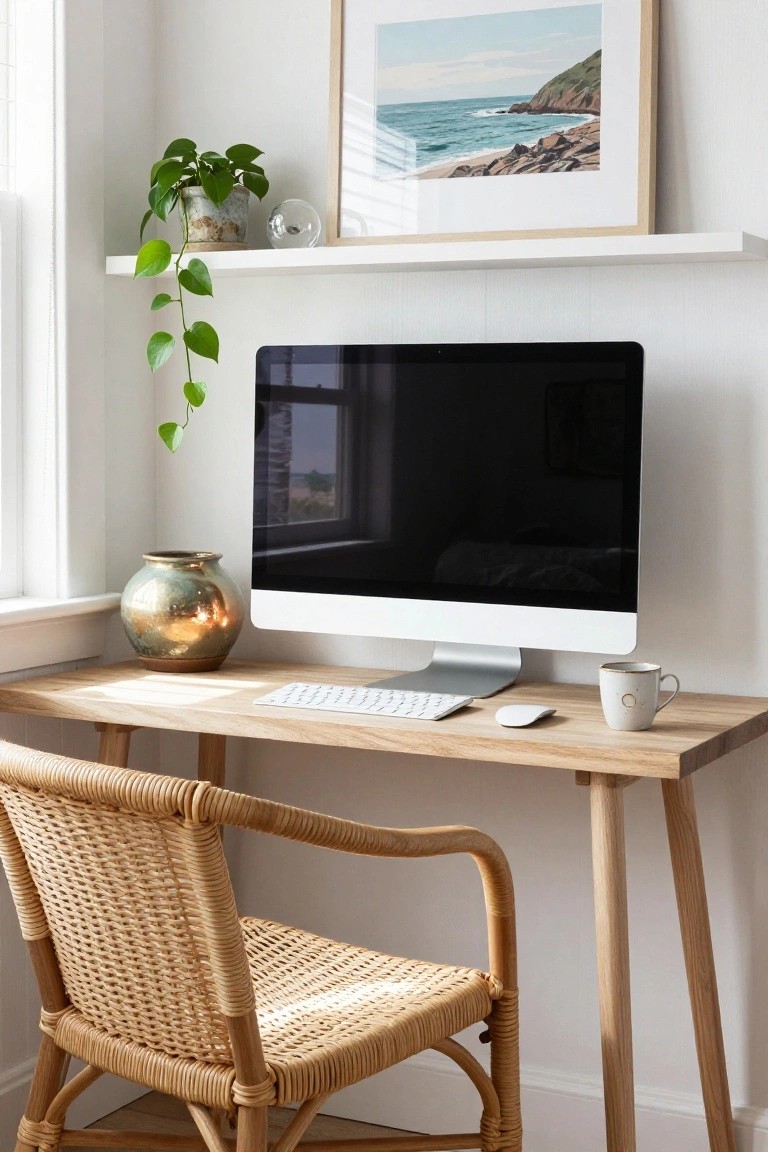 Corner of a light-filled room with a slim light wooden desk holding a large black iMac monitor, white wireless keyboard, mouse, white mug, and brass vase, paired with a woven rattan armchair, trailing plant on shelf, glass orb, and framed seascape artwork.