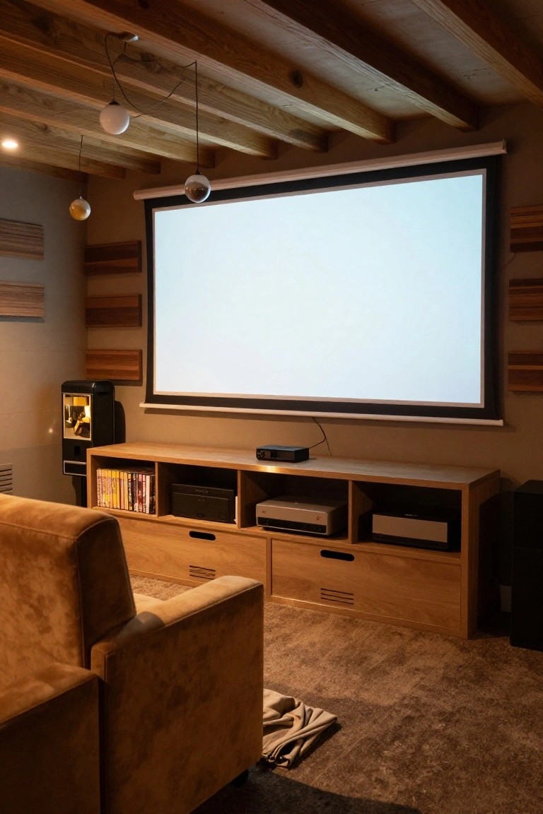 A dimly lit home theater room with exposed wooden ceiling beams, a large white projector screen flanked by vertical wood slats, an oak media console holding stacked DVDs, AV receivers, and a printer, a black retro arcade machine, and a tan leather armchair on a dark carpeted floor.