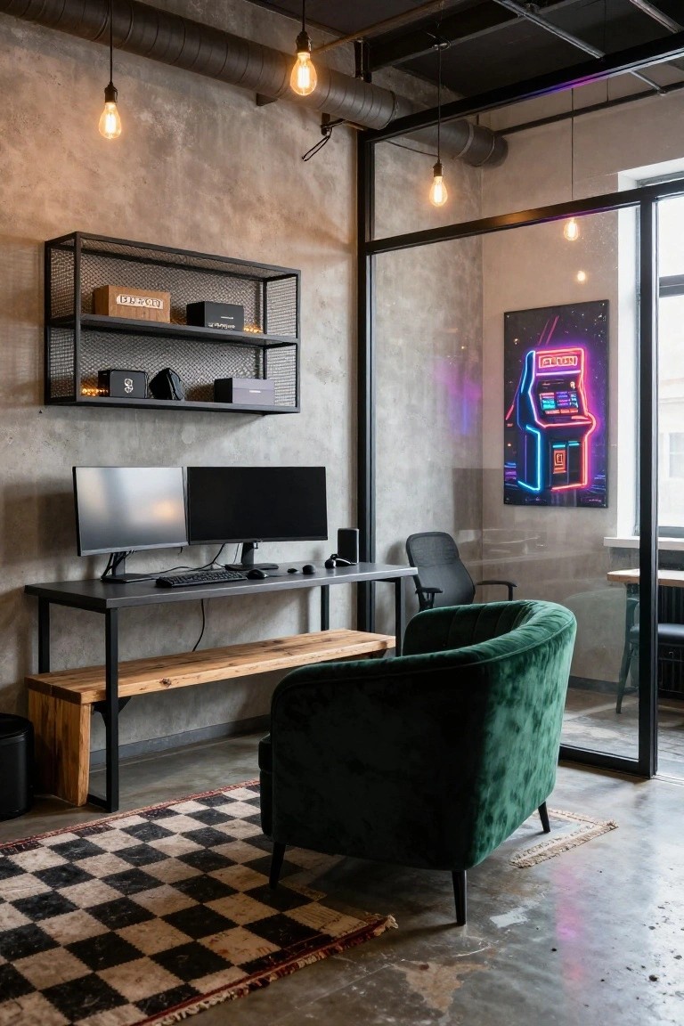 Industrial-style room with dual computer monitors on a black metal desk, black office chair, green velvet armchair, wooden bench, metal shelves holding boxes and speakers, neon arcade sign on wall, and checkered rug on concrete floor.