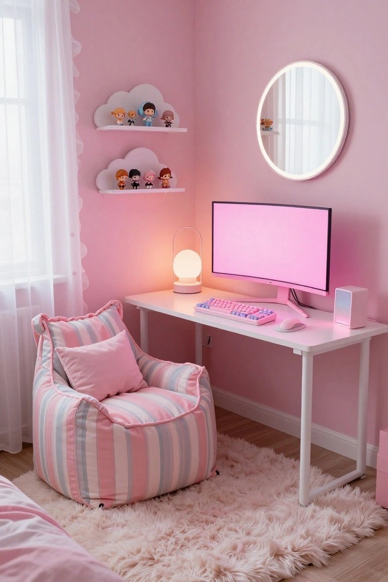 Pink bedroom corner with white desk setup including curved pink monitor, pink keyboard and mouse, white lamp, speaker, cloud-shaped shelves holding figurines, round lit mirror, striped bean bag chair, and fluffy rug.