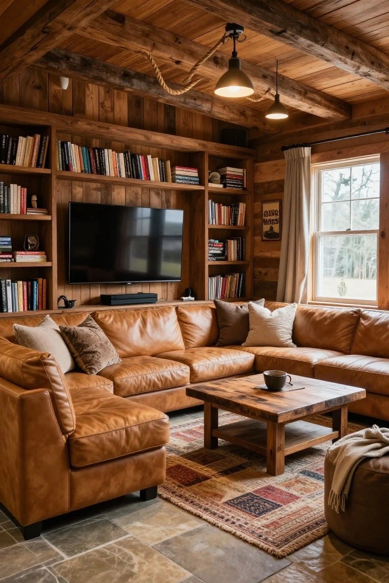 Cozy wood-paneled room with beamed ceiling, built-in bookshelves flanking a wall-mounted TV and soundbar, tan leather L-shaped sectional sofa, wooden coffee table, pendant lights, and window with curtains.