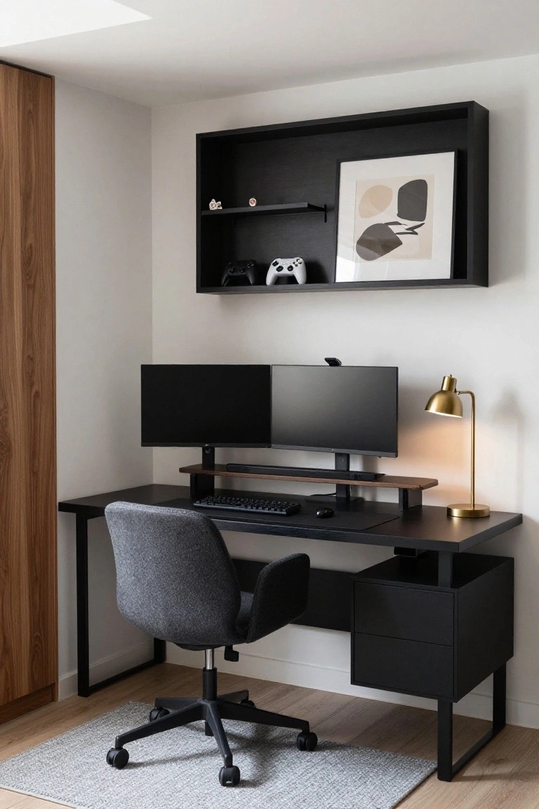 Corner workspace with black metal desk holding dual black monitors elevated on wooden stand, black keyboard and mouse pad, gray fabric swivel chair, floating black shelf displaying Xbox controller and console, gold desk lamp, and wood-paneled wall in white room.