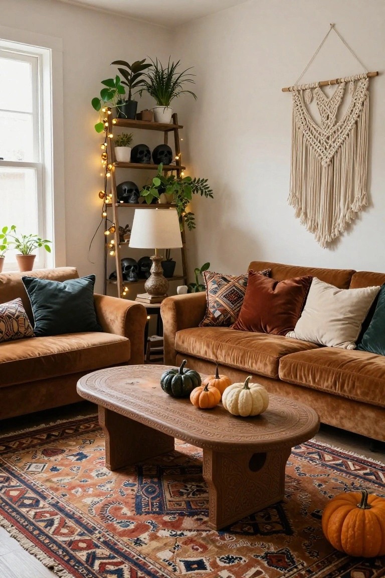 Living room featuring brown velvet L-shaped sofa with assorted pillows, oval wooden coffee table with small pumpkins, ladder shelf with plants string lights and skull props, macrame wall hanging, terracotta rug, and potted plants near window.