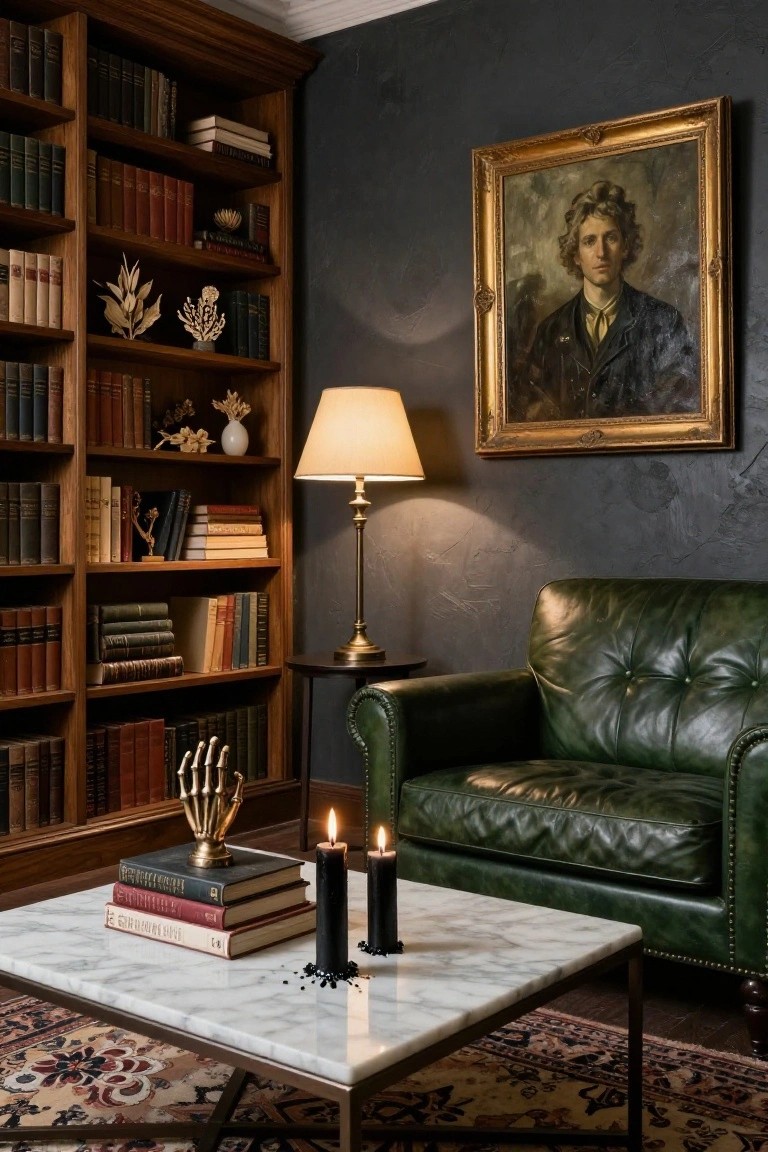 Dark wood bookshelves filled with books and decor in a moody room with a green tufted leather armchair, marble coffee table topped with books black candles and brass skeletal hand sculpture, table lamp, and gilded portrait on textured wall.