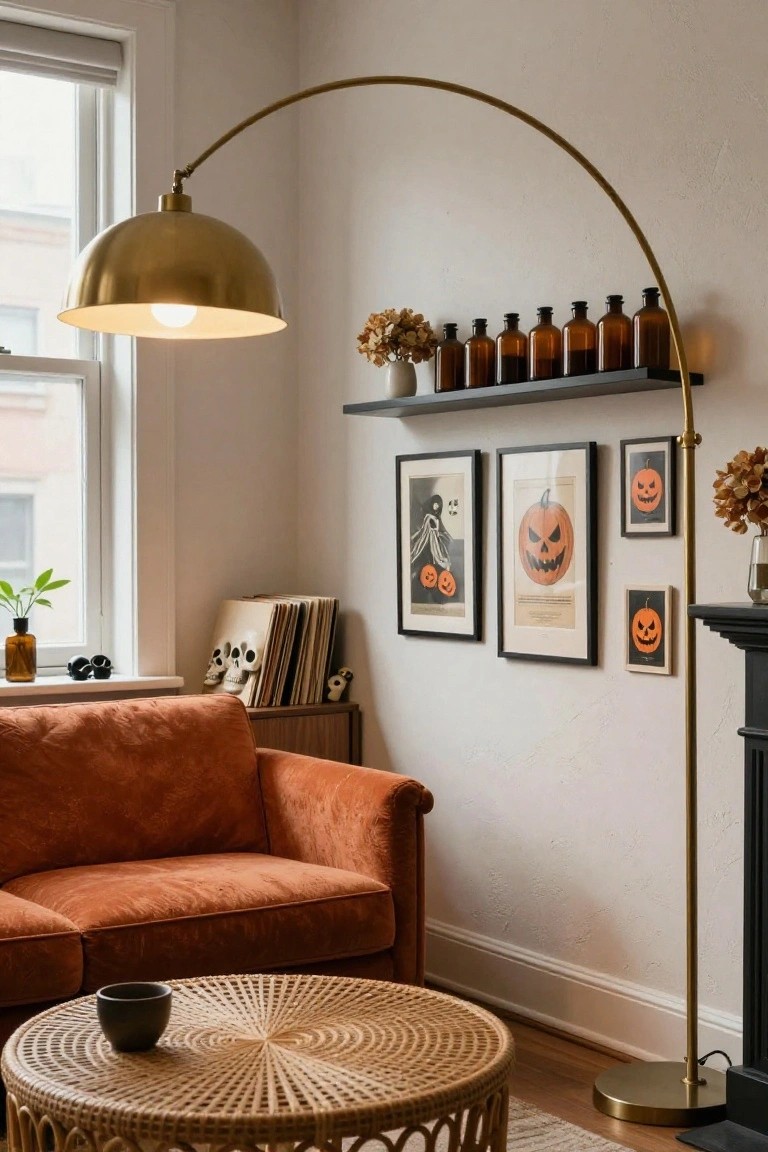 Living room corner with burnt orange velvet sofa, rattan coffee table, brass arc floor lamp, floating shelf of brown glass bottles, Halloween posters and skull decorations on white walls.