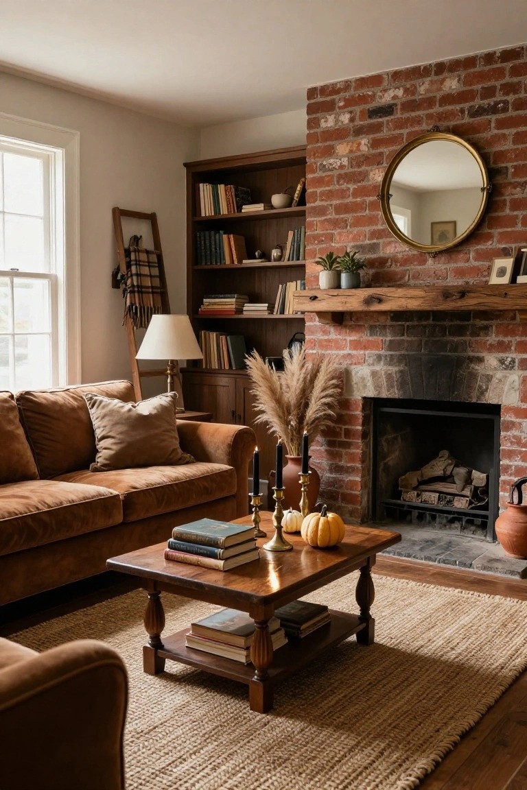 Living room with exposed brick fireplace, wooden mantel shelf holding pampas grass and candlesticks, brown velvet sofa, wooden coffee table with stacked books and small pumpkins, bookshelves, and jute rug on hardwood floor.