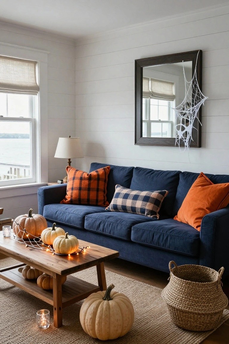 Living room with navy blue velvet sofa accented by orange and plaid pillows, rustic wooden coffee table holding clustered white pumpkins and string lights, spider webs draped on a large framed mirror, linen shades on windows overlooking a lake, and seagrass rug on floor.