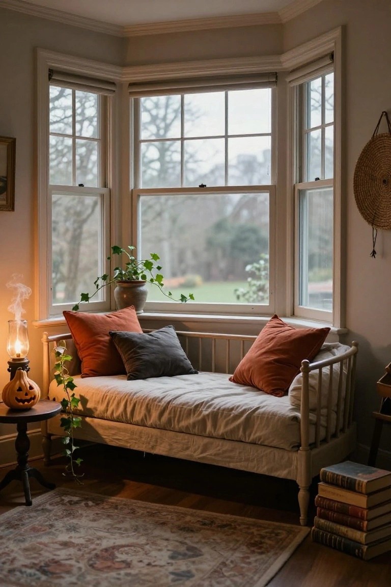 Bay window seat with beige linens, orange and gray pillows, ivy plants draping from pots, a carved pumpkin lantern on a wooden side table, stacks of books by the bed frame, and a woven wall hanging nearby in a softly lit room.