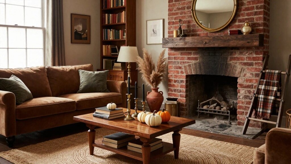 Living room with exposed brick fireplace, wooden mantel shelf holding pampas grass and candlesticks, brown velvet sofa, wooden coffee table with stacked books and small pumpkins, bookshelves, and jute rug on hardwood floor.