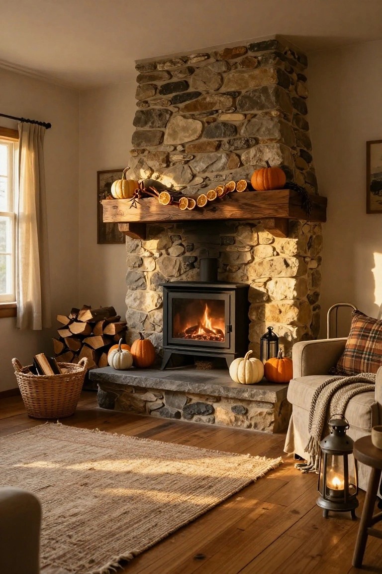 Warmly lit living room with tall irregular stone fireplace and lit wood stove, wooden mantel topped with pumpkins and dried orange garland, pumpkins on hearth, firewood stack in basket, beige armchair with plaid pillows, lanterns, and jute rug on wood floor.