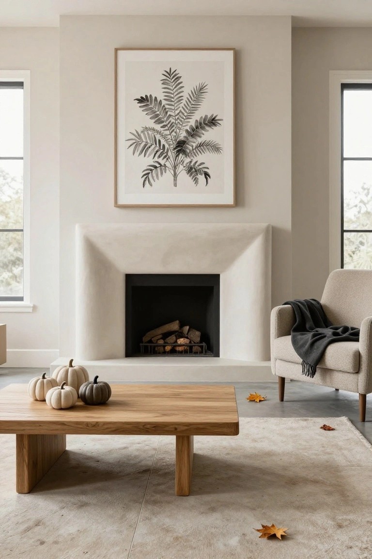 Modern neutral living room featuring a curved white plaster fireplace with logs inside, a low wooden coffee table holding white and gray pumpkins, a beige armchair with a black throw, large fern art on the wall, and scattered yellow autumn leaves on the light rug and floor.