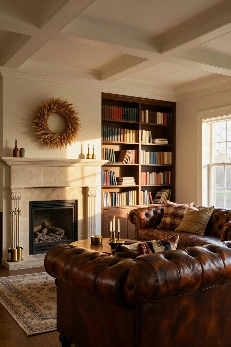 A cozy living room interior with a brown tufted leather sofa facing a stone fireplace flanked by wooden bookshelves, plaid and neutral pillows on the sofa, a wheat wreath on the wall above the mantel, candles, and natural light from a window.