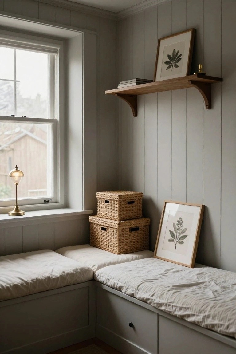 Light gray paneled corner room with L-shaped built-in bench under a large window, stacked wicker baskets on bench, leaning framed leaf print, wooden wall shelf holding books and art prints.