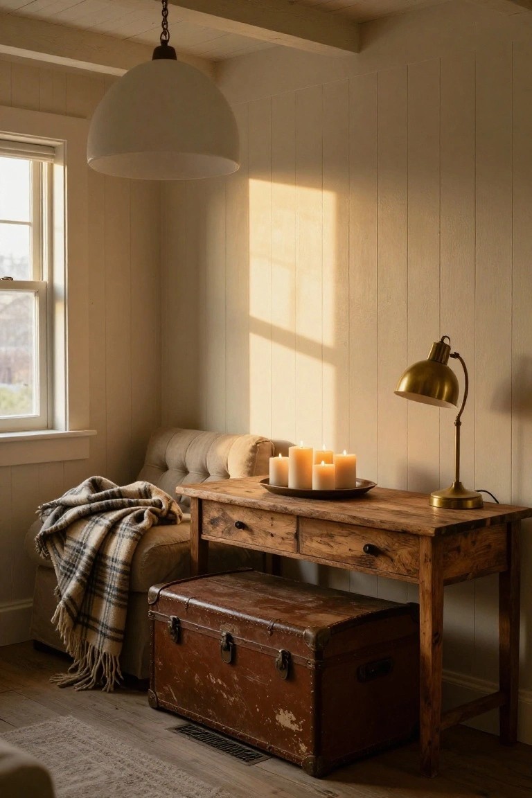 Indoor corner of a bedroom with a beige tufted sofa on a plaid blanket next to a rustic wooden desk holding a brass lamp and plate of lit white candles, a vintage trunk under the sofa, white shiplap walls, and a large white pendant light overhead.