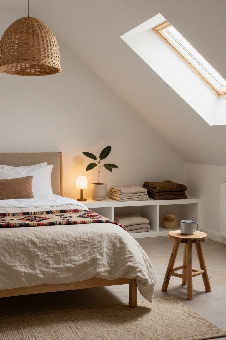 Attic bedroom featuring sloped white walls with skylight, light wooden bed frame with white sheets, beige linen duvet, colorful woven throw, tan pillows, adjacent open white shelves holding folded beige and brown linens and towels, potted green plant in ceramic pot, small table lamp, rattan pendant light, and wooden stool with white mug.