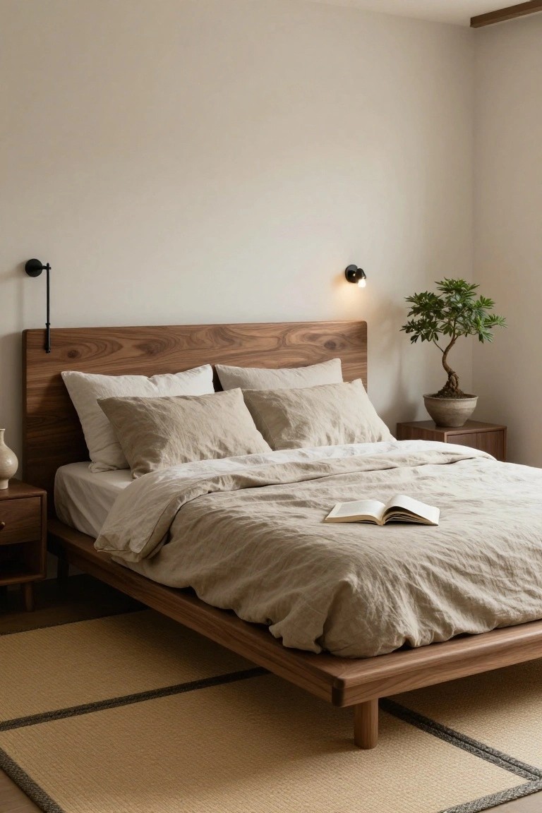 A minimalist bedroom with a low walnut wood platform bed draped in beige linen bedding and pillows, flanked by wooden nightstands, wall-mounted black lamps, a bonsai tree in a ceramic pot, and a seagrass rug on light wood floors.