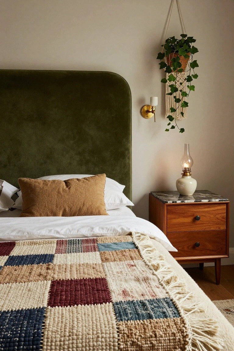 Bedroom with green velvet tufted headboard, bed layered with white sheets, orange pillow, and multicolored patchwork quilt with fringe, beside wooden nightstand holding white ceramic oil lamp, gold wall sconce, and hanging ivy plant in macrame.