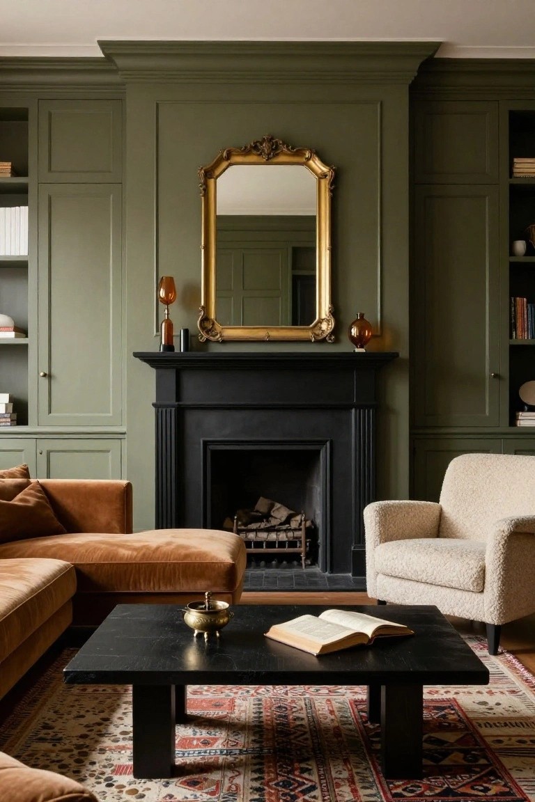 Living room with sage green paneled walls, ornate gold mirror over black fireplace with fire, burnt orange velvet sofa, cream bouclé armchair, black coffee table holding open book and brass bowl, and multicolored oriental rug.