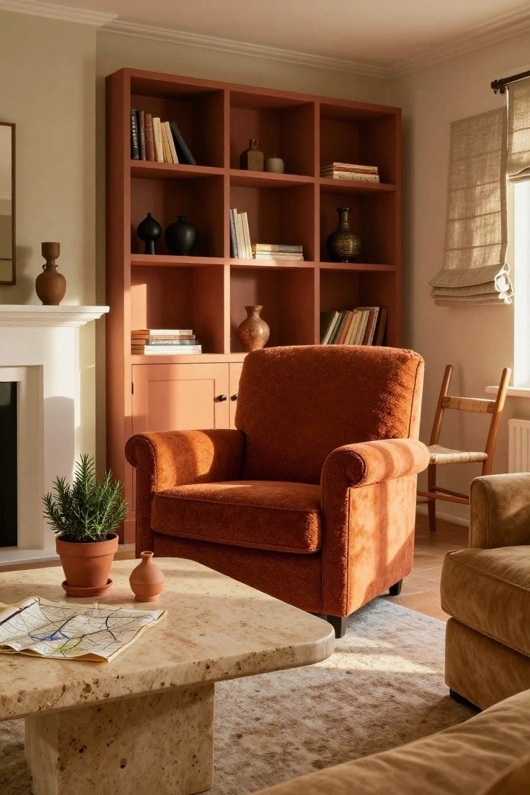 Cozy living room corner featuring tall terracotta bookshelves filled with books and pottery, an orange upholstered armchair, marble coffee table with a map and plants, white fireplace, and beige sofa nearby.
