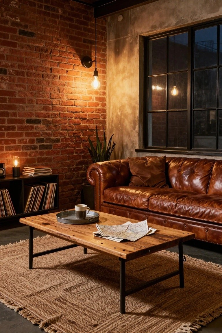 A cozy living room with exposed red brick walls, brown leather Chesterfield sofa, wooden coffee table holding a tray with a cup and newspaper, black bookshelves with vinyl records, potted plant, jute rug, and warm pendant and candle lighting.
