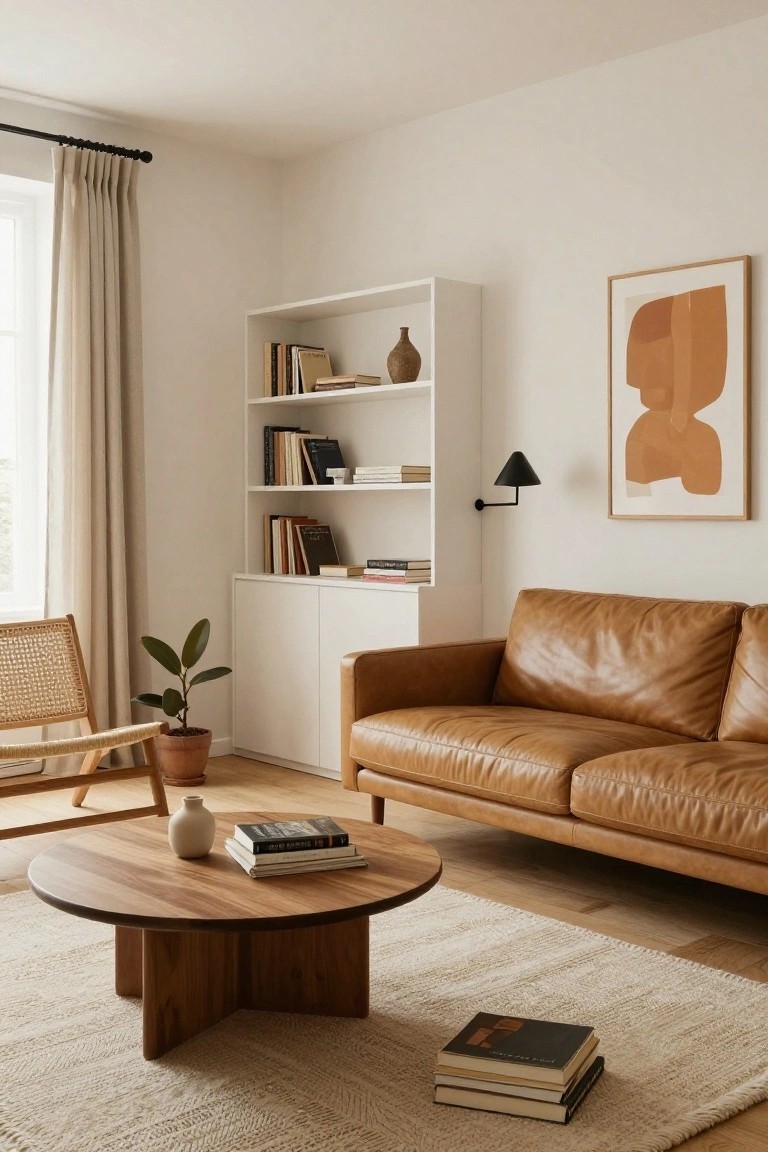 A living room featuring a tan leather sofa, round wooden coffee table with books, white built-in bookshelves, rattan chair with plant, beige curtains, and neutral rug on light wood floors.