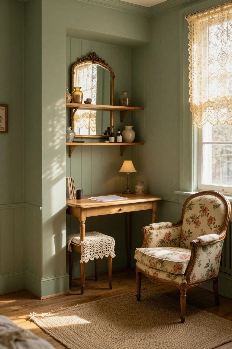 Sage green paneled corner room with wooden desk and stool, floral upholstered armchair, gold-framed mirror above shelves holding pottery and jars, table lamp, and window with lace curtains.