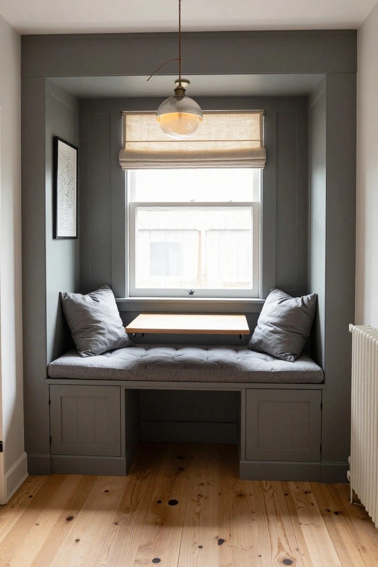 Built-in gray window bench with tufted cushion, two gray pillows, narrow wooden desk surface, linen roman shade on window, gray cabinets, white radiator, and oak hardwood floors in an alcove.
