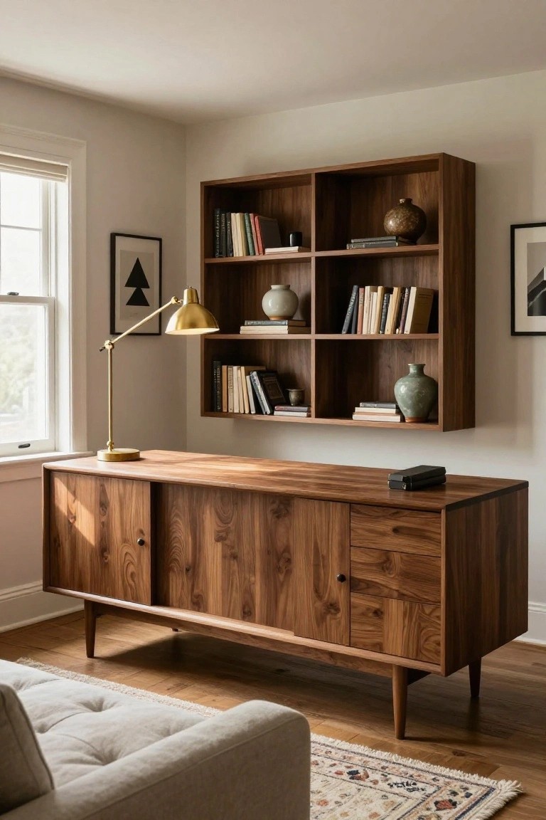 Walnut credenza with tapered legs used as a desk in a living room corner, topped with a closed black case and gold desk lamp, under matching wooden wall-mounted shelves holding books, ceramics, and vases, with a white sofa and rug nearby on hardwood floors.