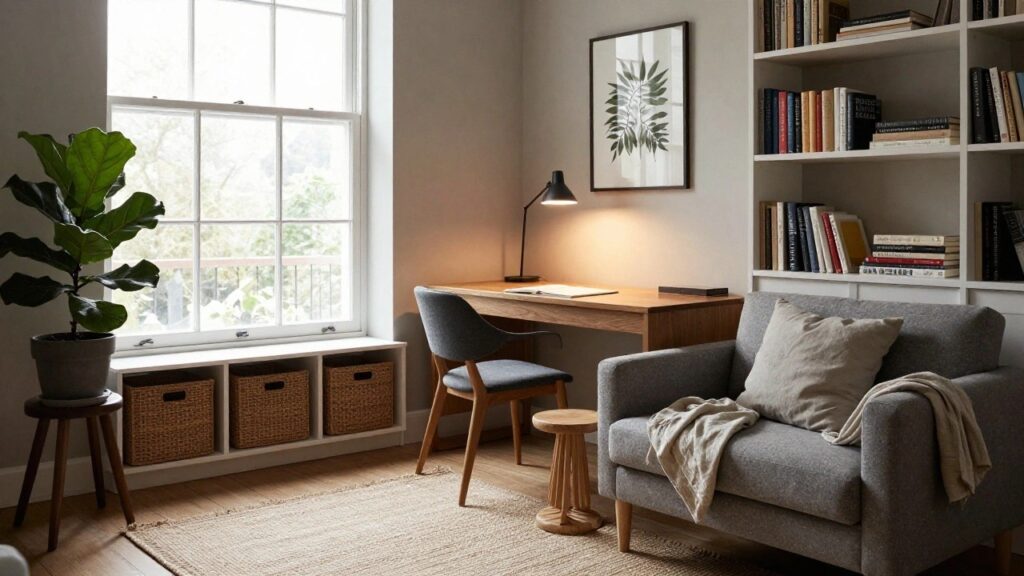 18 Cozy Living Room Home Office Ideas That Actually Work Light gray living room corner with wooden desk and chair, adjacent gray sofa with pillows and throw, white bookshelves filled with books and baskets, desk lamp, potted fiddle leaf fig plant, and large windows with blinds.