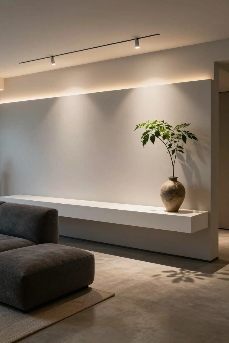 Modern living room corner with white floating shelf holding tall leafy plant in terracotta pot, low gray sofa nearby, track lighting on ceiling, cove lighting along wall, polished concrete floor.