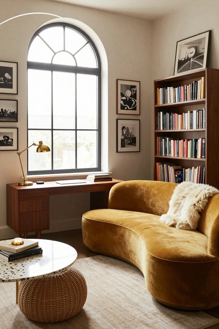 Cozy room with a gold sofa, wooden desk, bookshelves, and large arched window.